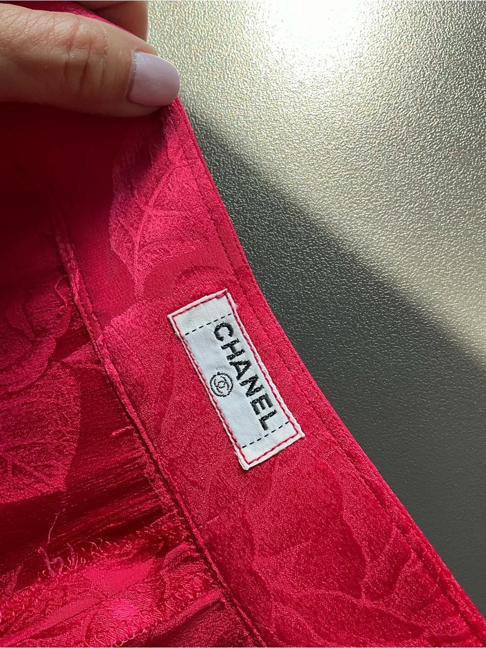 CHANEL Vintage 3 Pc Red Silk Floral Jacquard Pantsuit Set Jacket Top Pants XS/S